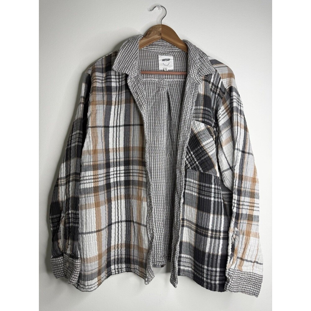 Aerie Plaid Button Up Shirt Jacket Shacket Oversized Cozy XL Neutral Boho